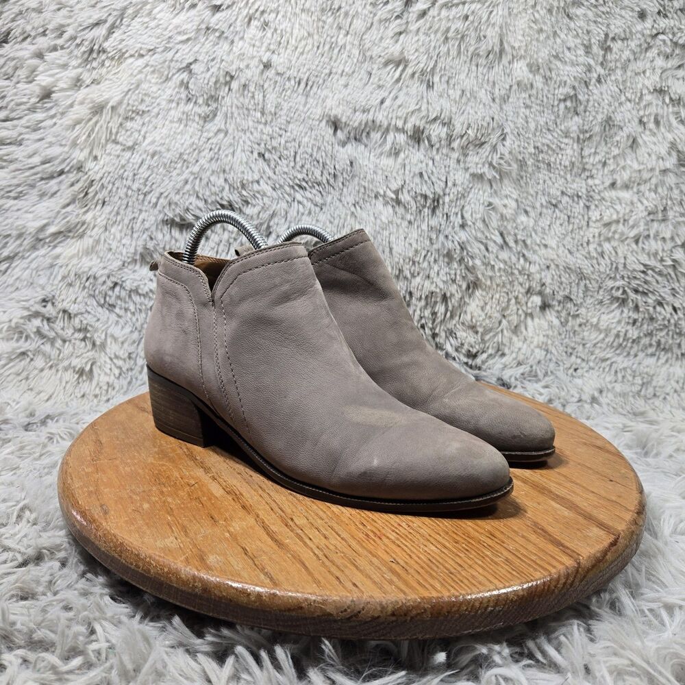 Franco Sarto Block Heel Boots Laslo Womens Size 8M Taupe Gray Nubuck Leather Low